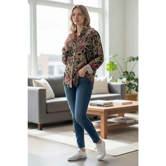 Soft Surroundings Velvet Green & Pink Floral Button Down Shirt-Sz M Glam-Mature - Picture 1 of 6